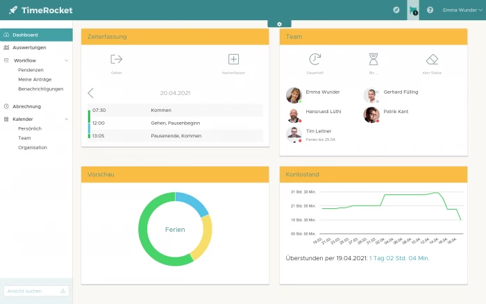 Abbildung zeigt das übersichtliche Dashboard von TimeRocket